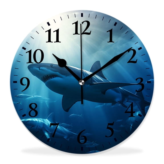 14 Inch Wall Clock Battery Operated Silent Clock Decorative for Office, Kitchen, Outdoor, Living RoomUnder The Waves Circle Two Great White Sharks Art