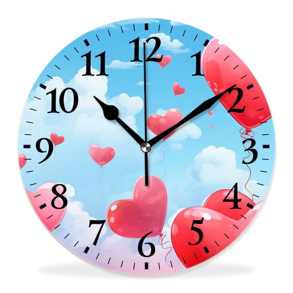 14 Inch Wall Clock Battery Operated Silent Clock Decorative for Office, Kitchen, Outdoor, Living Room，Valentines Day Pattern Red Heart Shaped Balloon White Adorable