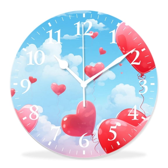 14 Inch Wall Clock Battery Operated Silent Clock Decorative for Office, Kitchen, Outdoor, Living Room，Valentines Day Pattern Red Heart Shaped Balloon White Adorable