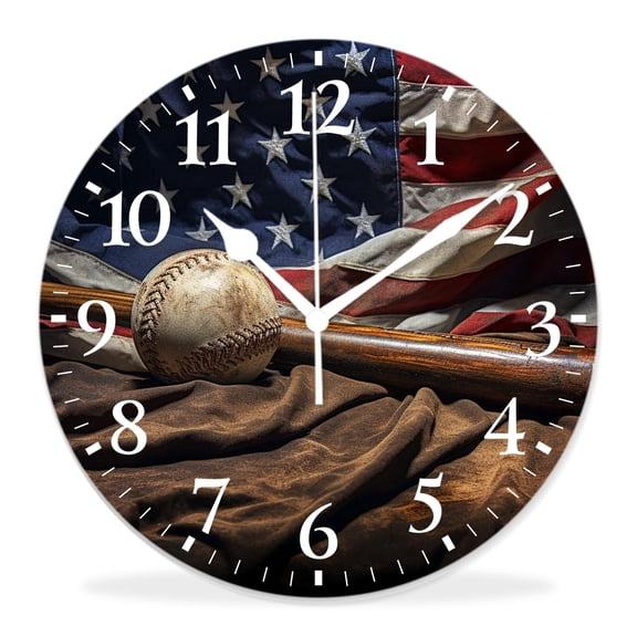 14 Inch Wall Clock Battery Operated Silent Clock Decorative for Office, Kitchen, Outdoor, Living RoomVintage Baseball Ball Star American Flag Pattern