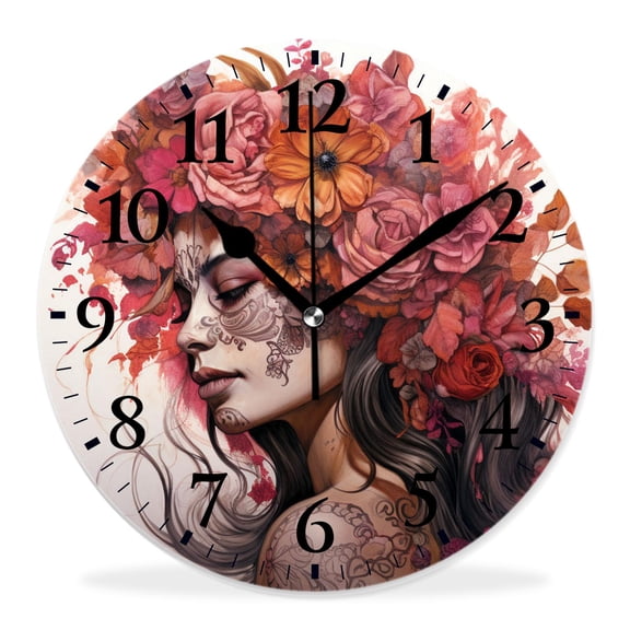14 Inch Wall Clock Battery Operated Silent Clock Decorative for Office, Kitchen, Outdoor, Living RoomVintage Day of The Dead Skull Girl and Flower Colorful Pattern