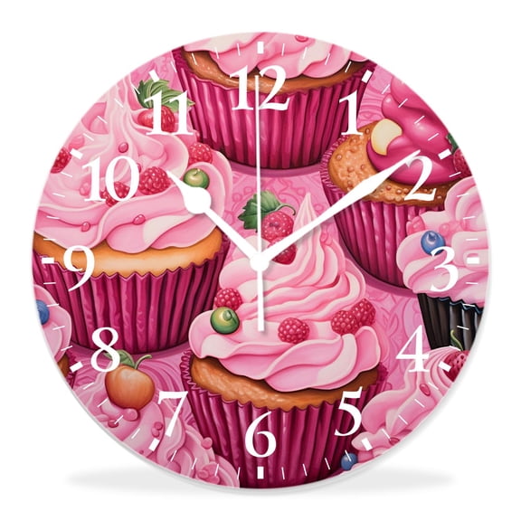 14 Inch Wall Clock Battery Operated Silent Clock Decorative for Office, Kitchen, Outdoor, Living RoomWatercolor Cupcake Beautiful Cherry Strawberry Pattern