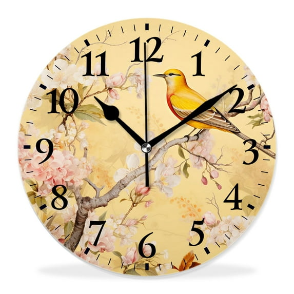 14 Inch Wall Clock Battery Operated Silent Clock Decorative for Office, Kitchen, Outdoor, Living Room，Watercolor Floral Pattern Cherry Flower Branch Bird Style