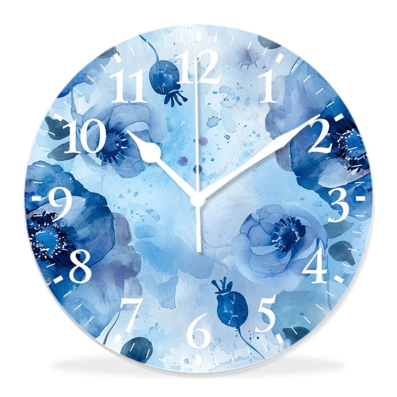 14 Inch Wall Clock Battery Operated Silent Clock Decorative for Office, Kitchen, Outdoor, Living RoomWatercolor Floral Purple Flowers Plants Beautiful