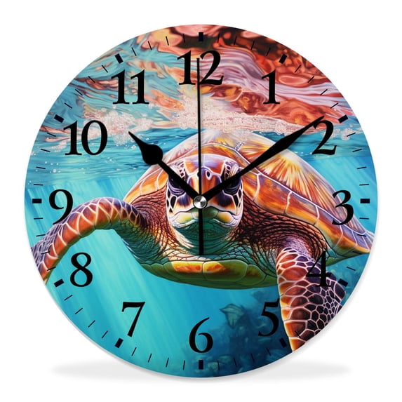 14 Inch Wall Clock Battery Operated Silent Clock Decorative for Office, Kitchen, Outdoor, Living Room,Watercolor Illustration of a Colorful Sea Turtle Print