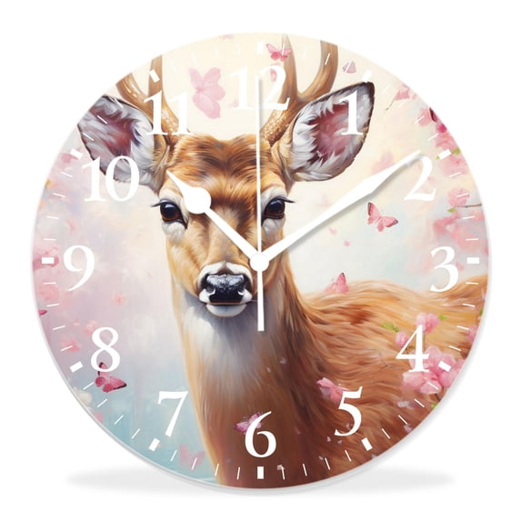 14 Inch Wall Clock Battery Operated Silent Clock Decorative for Office, Kitchen, Outdoor, Living Room，Watercolor Painting Cherry Blossom Tree of Life Deer Bright Color Art