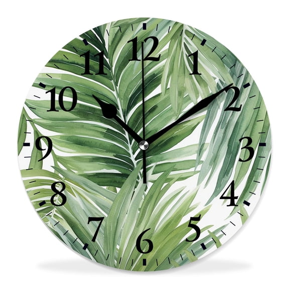14 Inch Wall Clock Battery Operated Silent Clock Decorative for Office, Kitchen, Outdoor, Living RoomWatercolor Palm Tree Leaves Summer Green Beautiful
