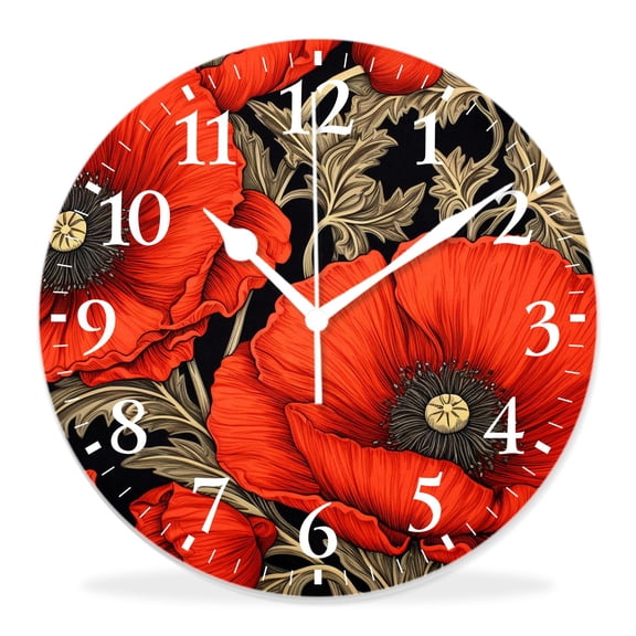 14 Inch Wall Clock Battery Operated Silent Clock Decorative for Office, Kitchen, Outdoor, Living RoomWatercolor Red Poppy Flower Botanical Floral Plant Pattern Adorable