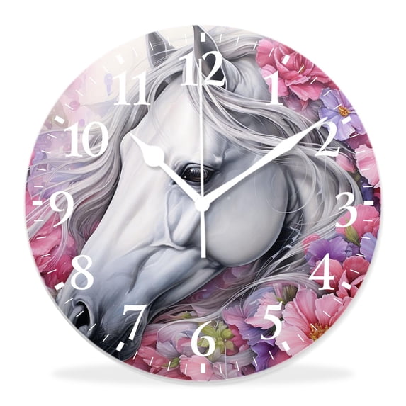14 Inch Wall Clock Battery Operated Silent Clock Decorative for Office, Kitchen, Outdoor, Living Room，Watercolor Unicorn White Horse in Flower Floral Print Beautiful
