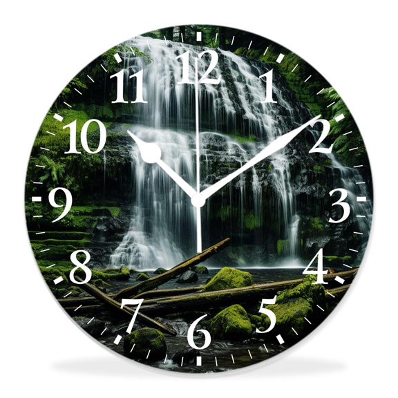 14 Inch Wall Clock Battery Operated Silent Clock Decorative for Office, Kitchen, Outdoor, Living RoomWaterfall Waterfalls Surrounded by Black Rocks Print