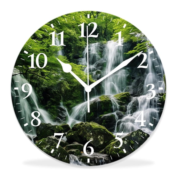 14 Inch Wall Clock Battery Operated Silent Clock Decorative for Office, Kitchen, Outdoor, Living RoomWaterfall Waterfalls Surrounded By Black Rocks Style