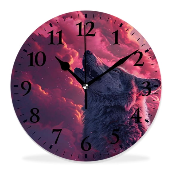14 Inch Wall Clock Battery Operated Silent Clock Decorative for Office, Kitchen, Outdoor, Living RoomWolf Howling Galaxy Nebula Space Starry Universe Elaborate
