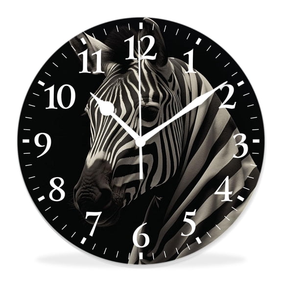 14 Inch Wall Clock Battery Operated Silent Clock Decorative for Office, Kitchen, Outdoor, Living RoomZebra Head Wild Animal with Black White Striped on Black Art
