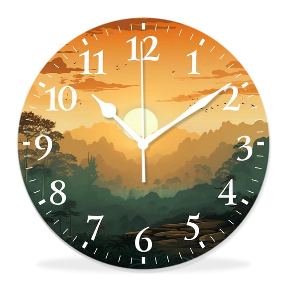 14 Inch Wall Clock Battery Operated Silent Clock Decorative for Office, Kitchen, Outdoor, Living Roomforest Coon Sunset Over Hills Tree Spring Season inspirations Print