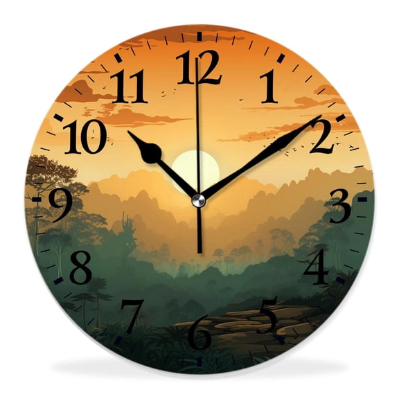 14 Inch Wall Clock Battery Operated Silent Clock Decorative for Office, Kitchen, Outdoor, Living Roomforest Coon Sunset Over Hills Tree Spring Season inspirations Print