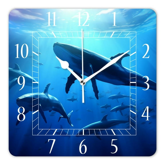 14 Inch Wall Clock Battery Operated Square Clock Decorative for Office, Kitchen, Outdoor, Living RoomA Diver with A Pod of Humpback Whales Beautiful Pattern