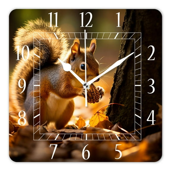 14 Inch Wall Clock Battery Operated Square Clock Decorative for Office, Kitchen, Outdoor, Living Room，Autumn Squirrel Forest Leaves Landscape Nature Image