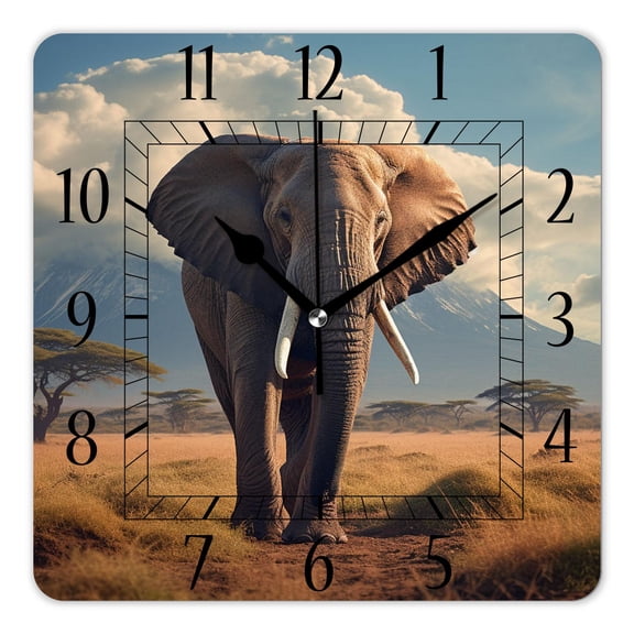 14 Inch Wall Clock Battery Operated Square Clock Decorative for Office, Kitchen, Outdoor, Living RoomElephants on Mount Kilimanjaro Beautiful Pattern