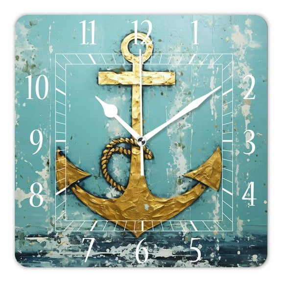 14 Inch Wall Clock Battery Operated Square Clock Decorative for Office, Kitchen, Outdoor, Living Room，Gold Anchor Dots Stripes Printed Beautiful Pattern