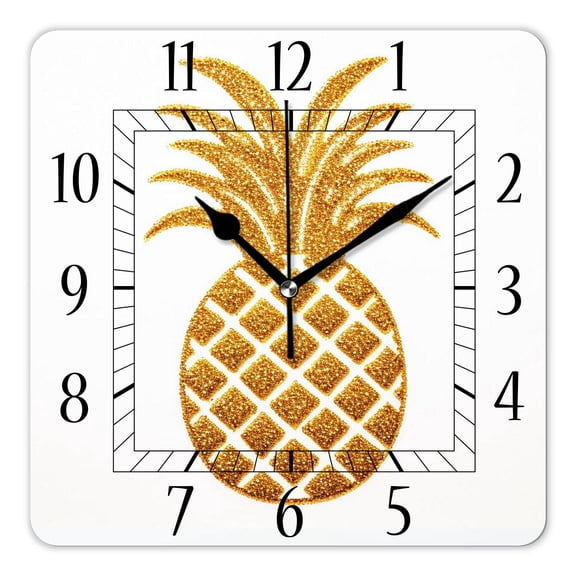 14 Inch Wall Clock Battery Operated Square Clock Decorative for Office, Kitchen, Outdoor, Living RoomGold Pineapple Fruit White Summer Creative Pattern