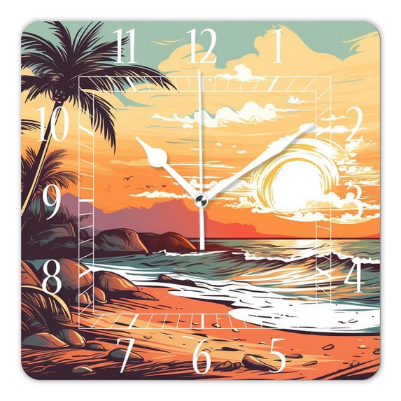14 Inch Wall Clock Battery Operated Square Clock Decorative for Office, Kitchen, Outdoor, Living Room,Palm Trees Hawaiian Tropical Seashore Beach Elegant Design
