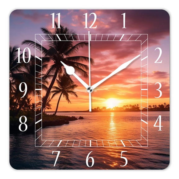 14 Inch Wall Clock Battery Operated Square Clock Decorative for Office, Kitchen, Outdoor, Living RoomParadise Beach Sunset Tropical Palm Trees Exquisite