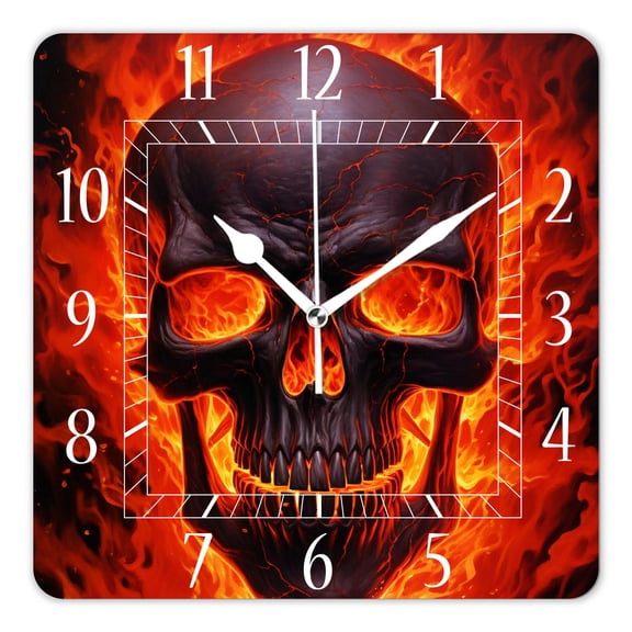 14 Inch Wall Clock Battery Operated Square Clock Decorative for Office, Kitchen, Outdoor, Living RoomSugar Skull Fire Day of The Dead Halloween Image