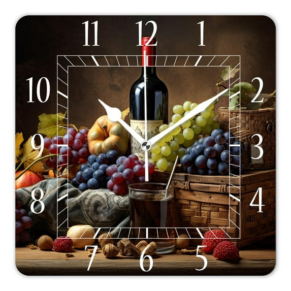 14 Inch Wall Clock Battery Operated Square Clock Decorative for Office, Kitchen, Outdoor, Living Room,Wine and Ripe Grapes on Wooden Table Lovely Drawing
