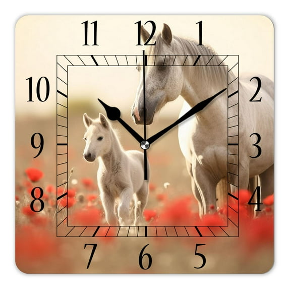 14 Inch Wall Clock Battery Operated Square Clock Decorative for Office, Kitchen, Outdoor, Living Room，A Horse Standing in Red Poppy Field Colorful