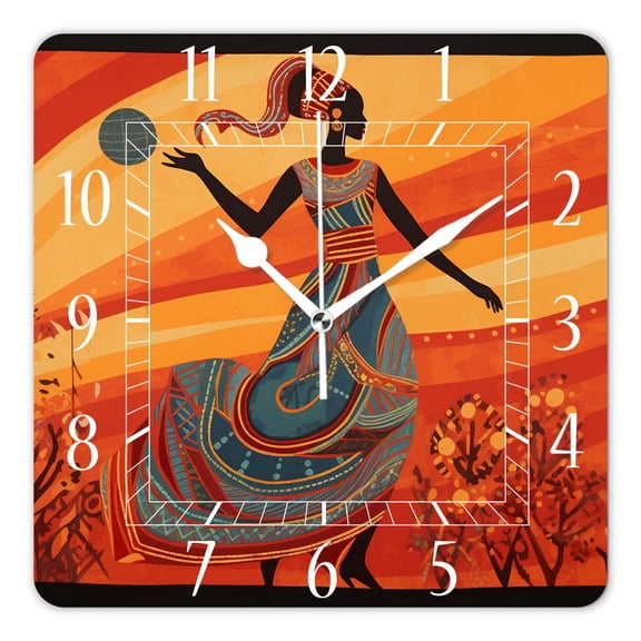 14 Inch Wall Clock Battery Operated Square Clock Decorative for Office, Kitchen, Outdoor, Living RoomAfrican Girl Dancing Multicolor