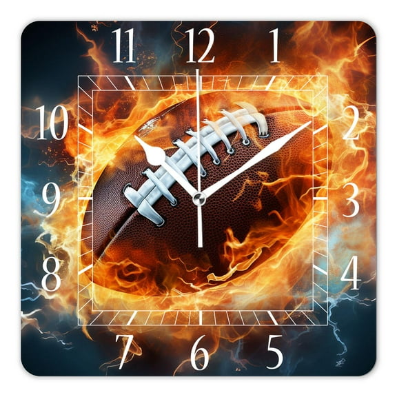 14 Inch Wall Clock Battery Operated Square Clock Decorative for Office, Kitchen, Outdoor, Living RoomAmerican Football Ball in Fire Beautiful