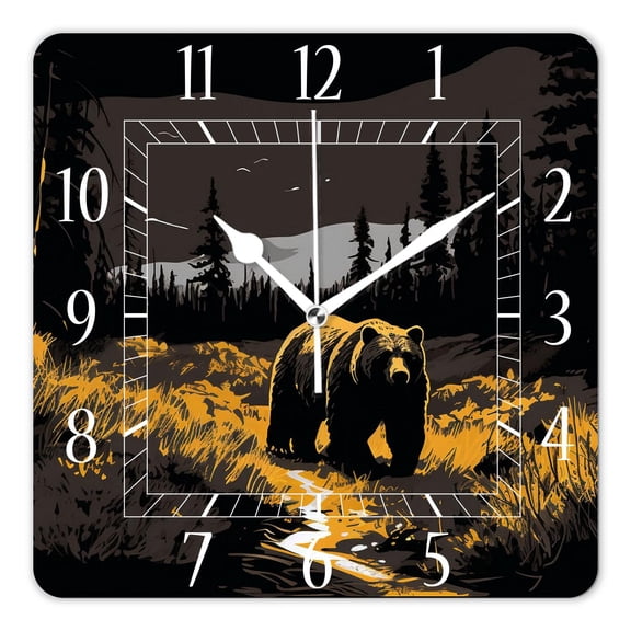 14 Inch Wall Clock Battery Operated Square Clock Decorative for Office, Kitchen, Outdoor, Living Room，Bear in The Strange Forest Beautiful Drawing