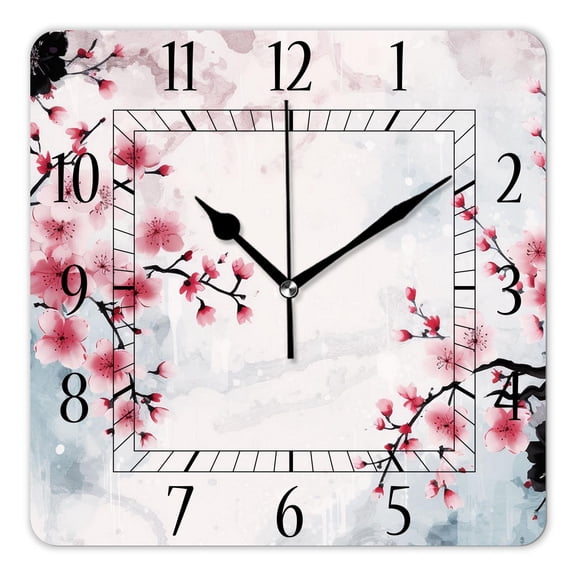 14 Inch Wall Clock Battery Operated Square Clock Decorative for Office, Kitchen, Outdoor, Living Room，Beautiful Blooming Branches Drawing