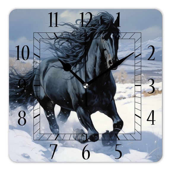 14 Inch Wall Clock Battery Operated Square Clock Decorative for Office, Kitchen, Outdoor, Living Room,Black Horse Winter Picture