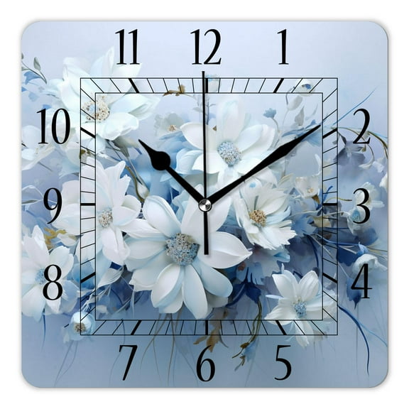14 Inch Wall Clock Battery Operated Square Clock Decorative for Office, Kitchen, Outdoor, Living RoomBlue Flowers in A Bouquet Floral Image