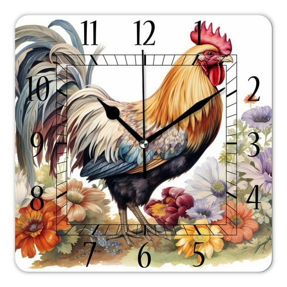 14 Inch Wall Clock Battery Operated Square Clock Decorative for Office, Kitchen, Outdoor, Living RoomChicken Rooster Art