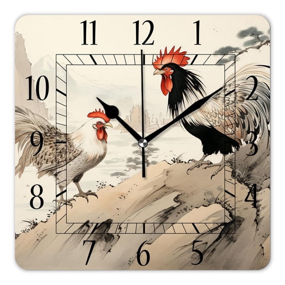 14 Inch Wall Clock Battery Operated Square Clock Decorative for Office, Kitchen, Outdoor, Living Room,Chinese Rooster Oil Painting Watercolor Picture