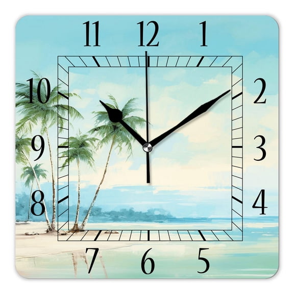 14 Inch Wall Clock Battery Operated Square Clock Decorative for Office, Kitchen, Outdoor, Living RoomCoconut Palm Trees Beach Design