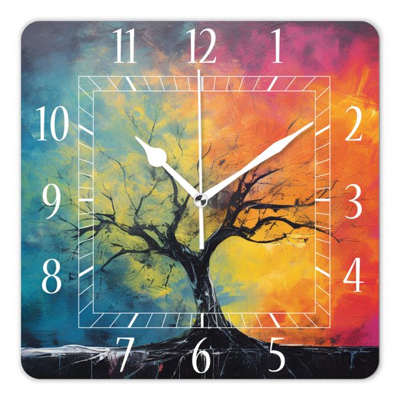 14 Inch Wall Clock Battery Operated Square Clock Decorative for Office, Kitchen, Outdoor, Living Room，Colorful Abstract Tree Pattern