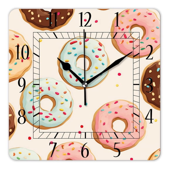 14 Inch Wall Clock Battery Operated Square Clock Decorative for Office, Kitchen, Outdoor, Living RoomColorful Donuts Vintage Print