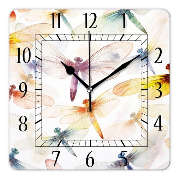 14 Inch Wall Clock Battery Operated Square Clock Decorative for Office, Kitchen, Outdoor, Living Room，Colorful Dragonfly Pattern Elegant Design