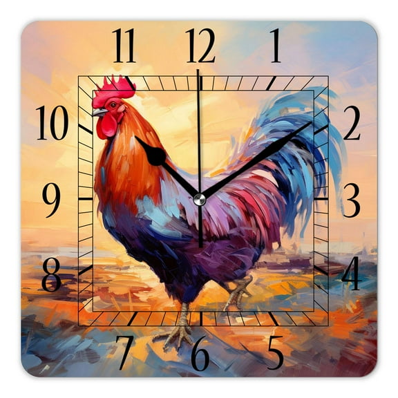 14 Inch Wall Clock Battery Operated Square Clock Decorative for Office, Kitchen, Outdoor, Living Room，Colorful Rooster Exquisite