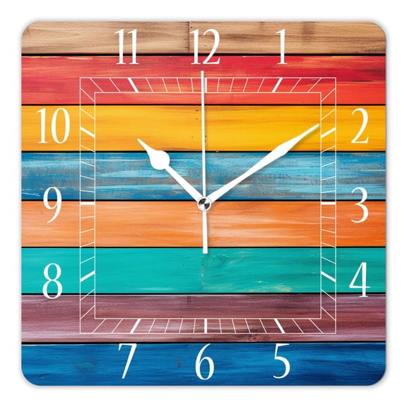 14 Inch Wall Clock Battery Operated Square Clock Decorative for Office, Kitchen, Outdoor, Living Room，Colorful Wooden Exquisite