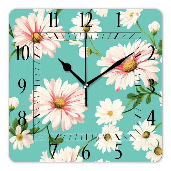 14 Inch Wall Clock Battery Operated Square Clock Decorative for Office, Kitchen, Outdoor, Living Room,Daisy Flowers Polka Dot Green Drawing