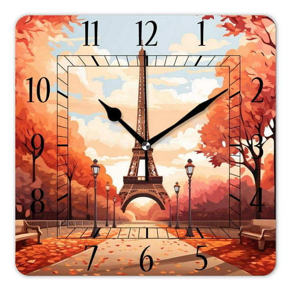 14 Inch Wall Clock Battery Operated Square Clock Decorative for Office, Kitchen, Outdoor, Living Room,Eiffel Tower Maple Leaf Autumn Multicolor