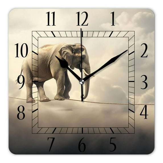 14 Inch Wall Clock Battery Operated Square Clock Decorative for Office, Kitchen, Outdoor, Living Room,Elephant Walking on Rope Creative
