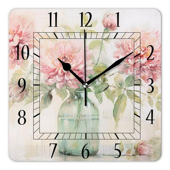 14 Inch Wall Clock Battery Operated Square Clock Decorative for Office, Kitchen, Outdoor, Living RoomFlower Vase Beautiful
