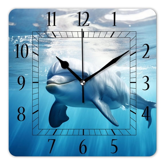 14 Inch Wall Clock Battery Operated Square Clock Decorative for Office, Kitchen, Outdoor, Living RoomFunny Dolphin Swimming Painting