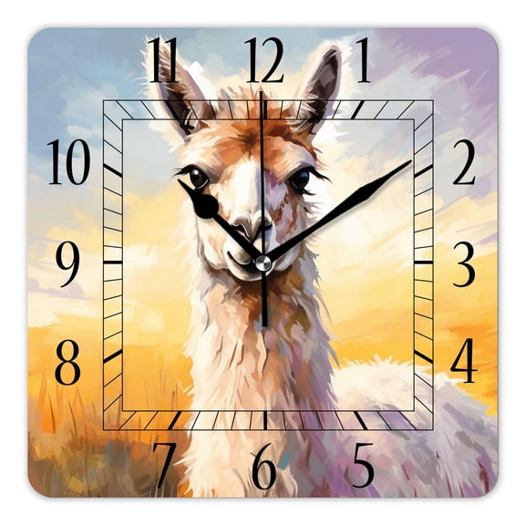 14 Inch Wall Clock Battery Operated Square Clock Decorative for Office, Kitchen, Outdoor, Living RoomFunny Portrait of Alpaca Llama Colorful