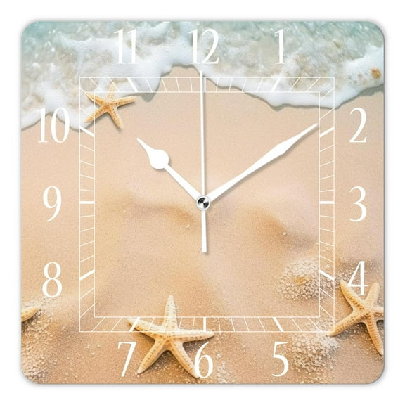 14 Inch Wall Clock Battery Operated Square Clock Decorative for Office, Kitchen, Outdoor, Living Room，Funny Starfish Wave Sand Beach Creative Pattern